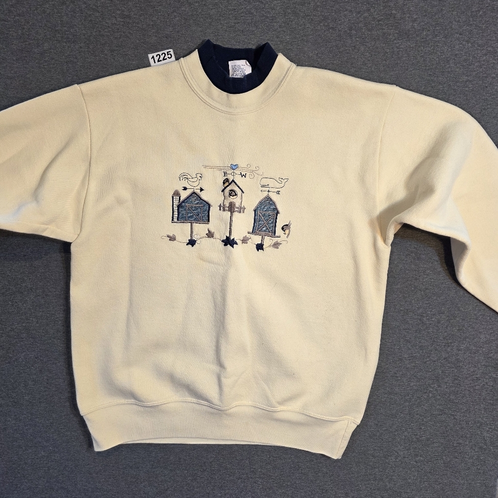 Vintage Cream Mockneck  Sweater with Embroidered Bird Design Womens Large